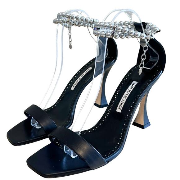 Manolo Blahnik Charona Black Leather Pearl Ankle Strap High Heel Sandals 40.5 - Picture 12 of 12